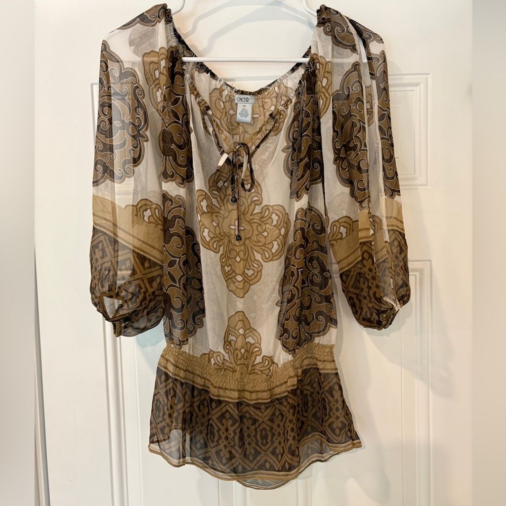 Cache 100% silk chiffon baroque scroll print lightweight pullover blouse XS